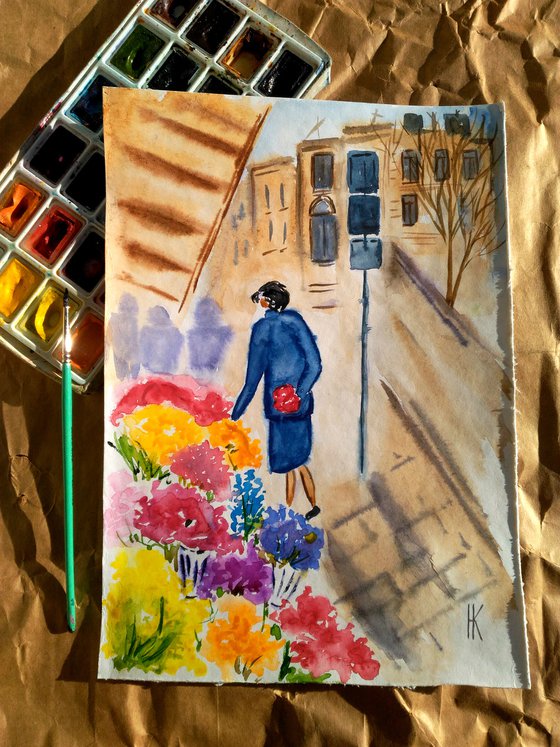 Paris Painting Cityscape Original Art Woman Watercolor Flower Shop Artwork Street Scene Small Home Wall Art 8 by 12" by Halyna Kirichenko