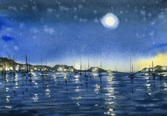Night seascape with yachts. Original watercolor artwork.