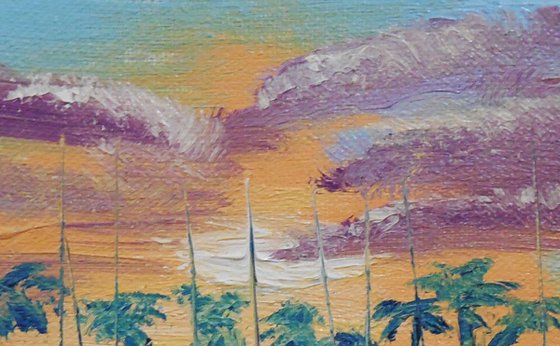 Tropical Sunset and yachts miniature painting