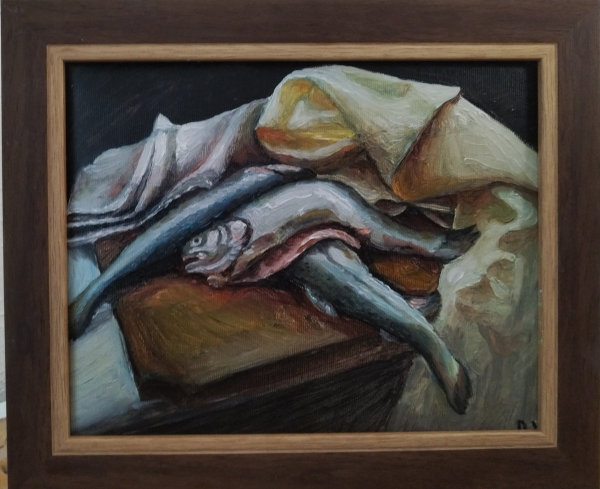 Still Life Oil Painting By Viktoria Deri, 12 X 10", Fish Still Life, Original Artwork