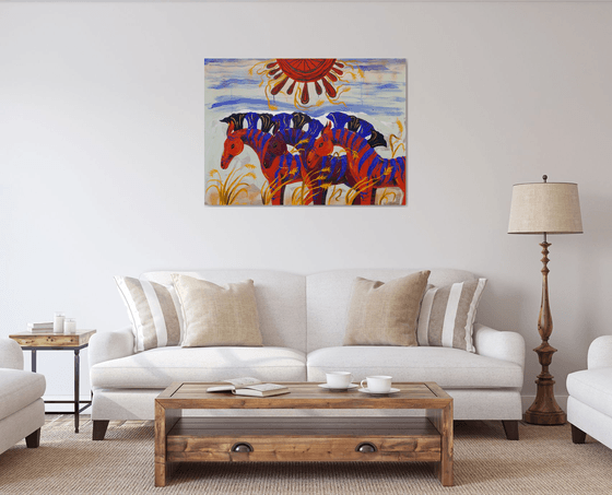 Large painting with Horses. Red horse. African autumn landscape