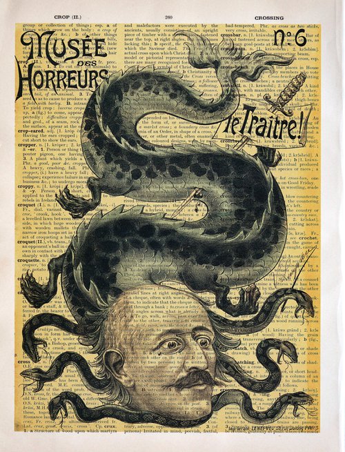 Musee des Horreurs: Le Traitre! - Collage Art Print on Large Real English Dictionary Vintage Book Page by Jakub DK - JAKUB D KRZEWNIAK