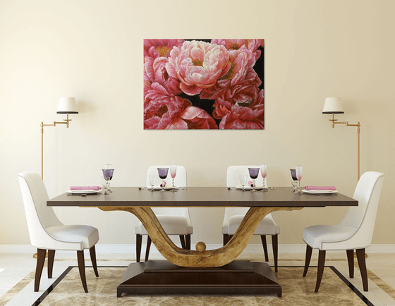 Red peonies on dark background