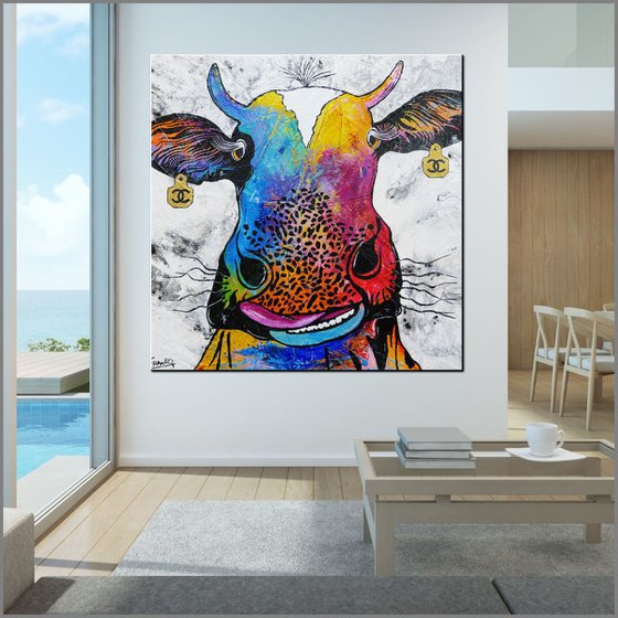 Steerling - Lickety Moo Moo 120cm x 120cm Huge Texture Urban Pop Art