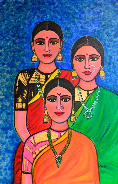 Three Friends Radiant Elegance Acrylic painting by Manjiri Kanvinde
