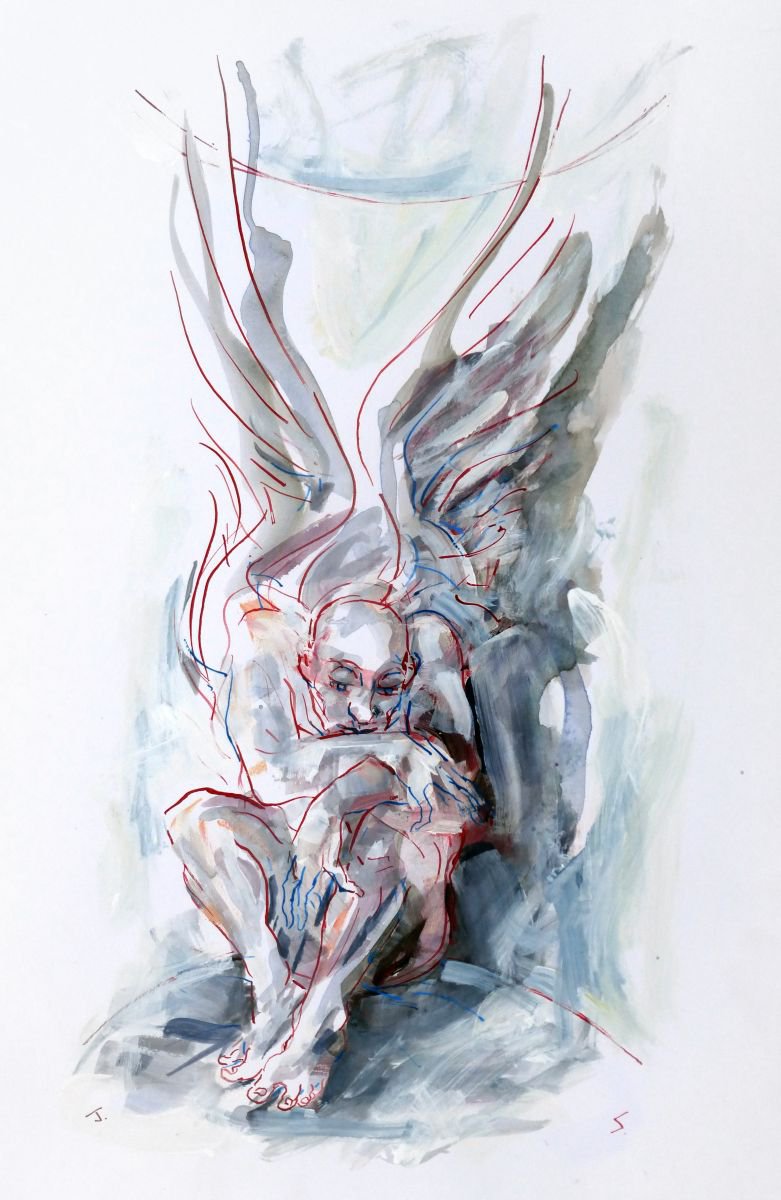 Illustrative Portrait Drawing By John Sharp, 16 X 23, Angel53 - Exiled Angel3, Original Artwork