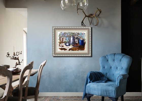 Blue Jar and Silver Service