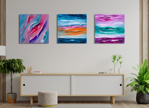 Underclouds, Triptych n° 3 Paintings, Original abstract, oil on canvas by Davide De Palma