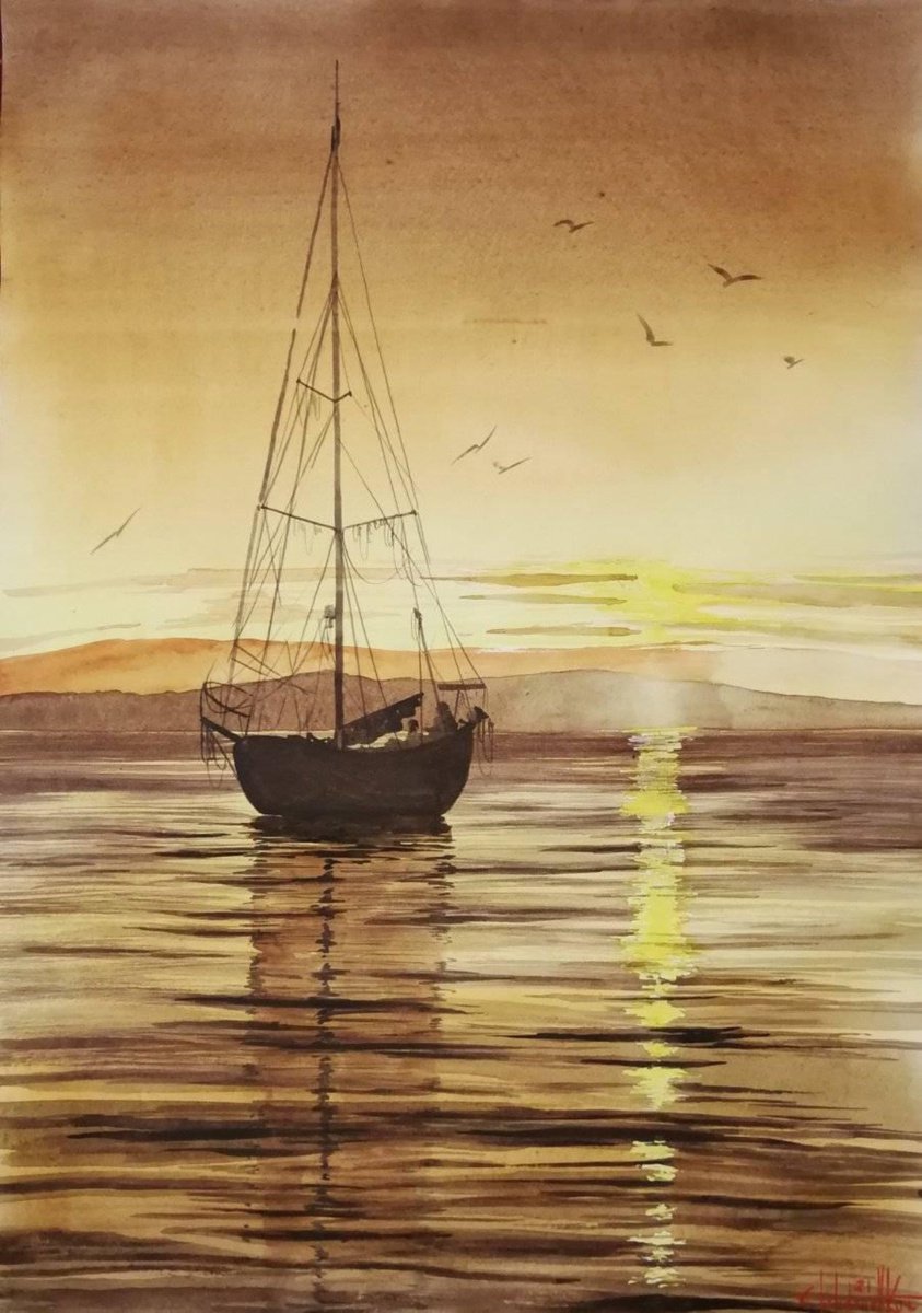 Yacht at sunset 2021 Watercolor 60x42 by Eugene Gorbachenko