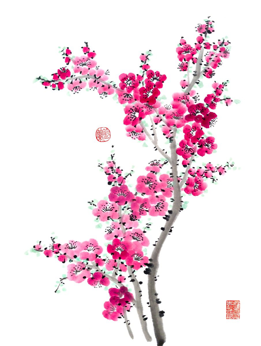Hot pink bloom - Oriental Chinese Ink Painting by Ilana Shechter