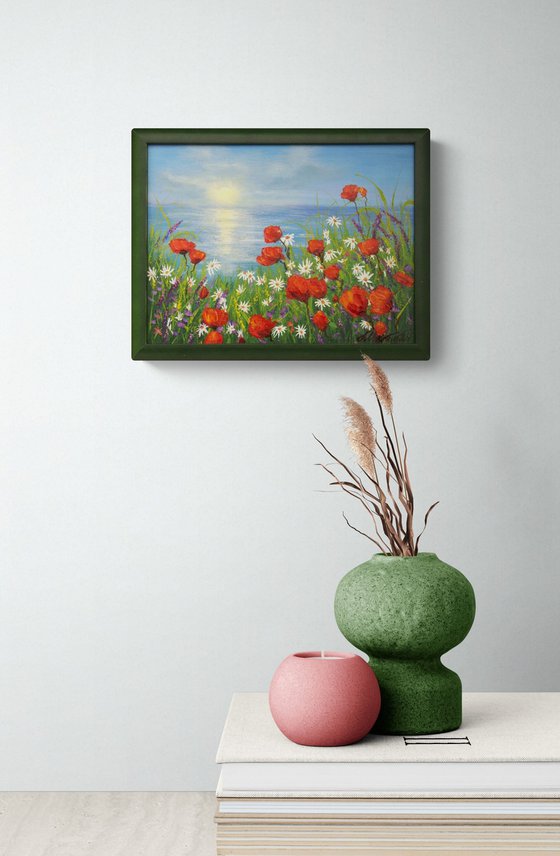 Seascape and poppy field