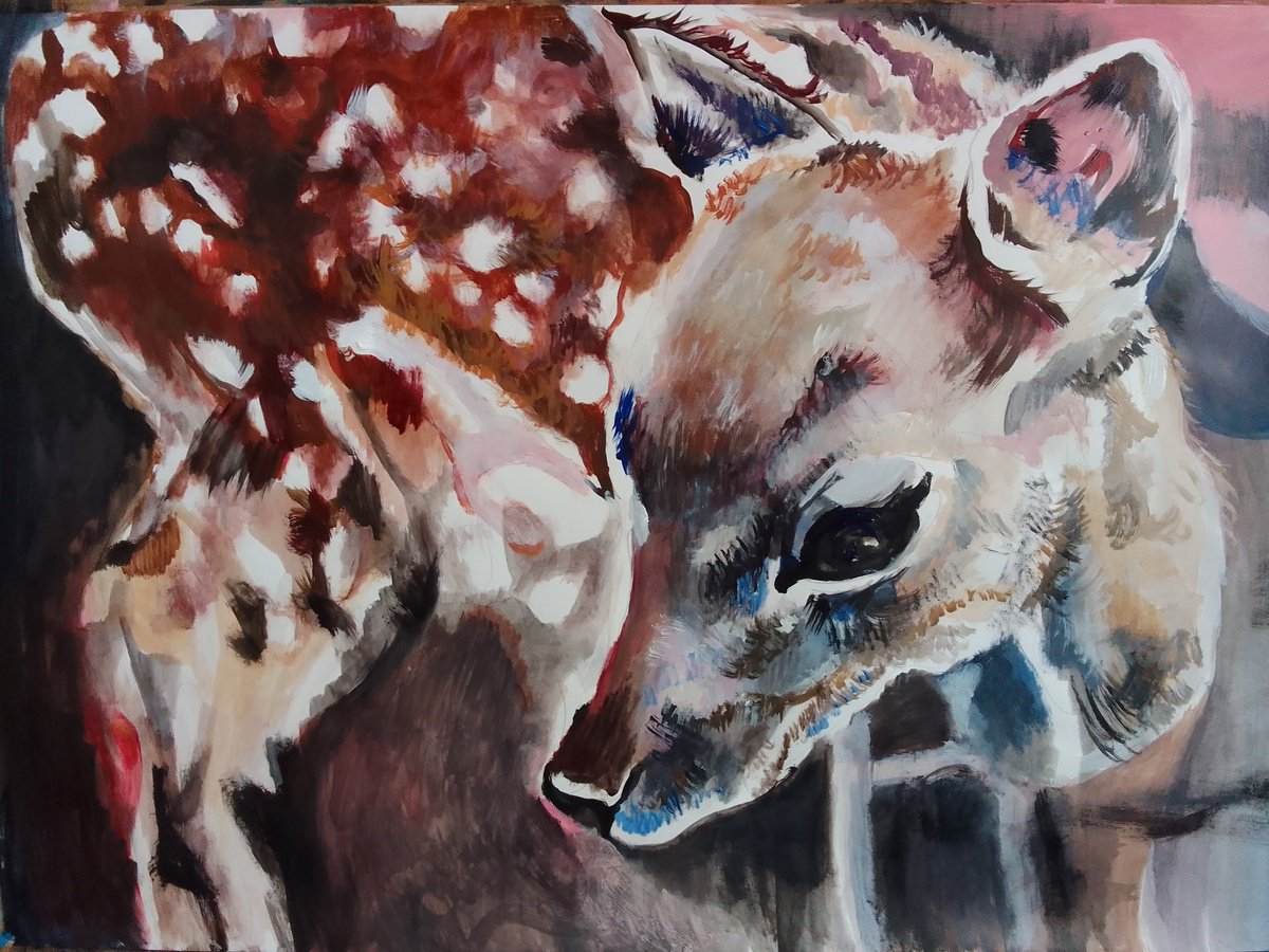 Impressionistic Animal Acrylic Painting By Soso Kumsiashvili, 33 X 24", Roe Deer, Original Artwork