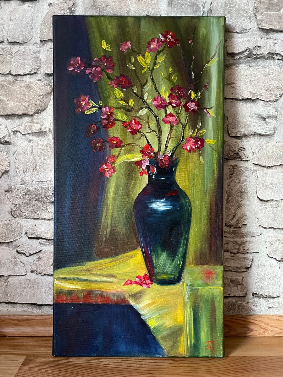Impressionistic Botanical Oil Painting By Tanja Frost, 12 X 24", Whisper Of Blossoms, Original Artwork