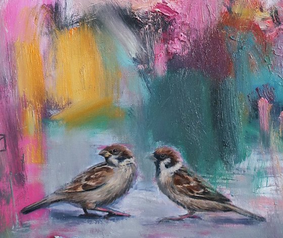 Oil painting Flowers bloomed Pink Sparrows