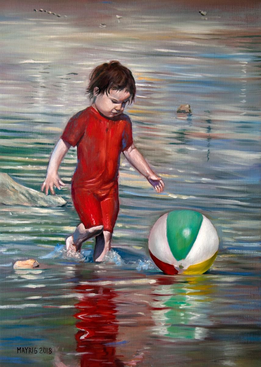 Child with beach ball (Original Oil Painting, 100% Handmade) by Mayrig Simonjan