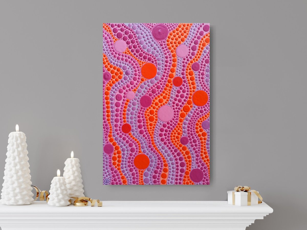 Organic Abstract Acrylic Painting By Oxana Lazari, 16 X 24", Pink Dotscape, Original Artwork