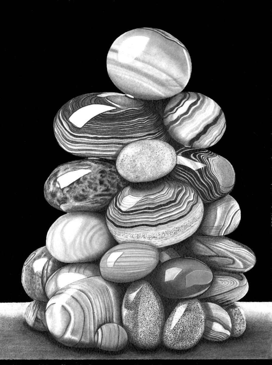 Photorealistic Still Life Pencil Drawing By Paul Stowe, 14 X 20", Cairn Of Stones (Updated 2025), Original Artwork