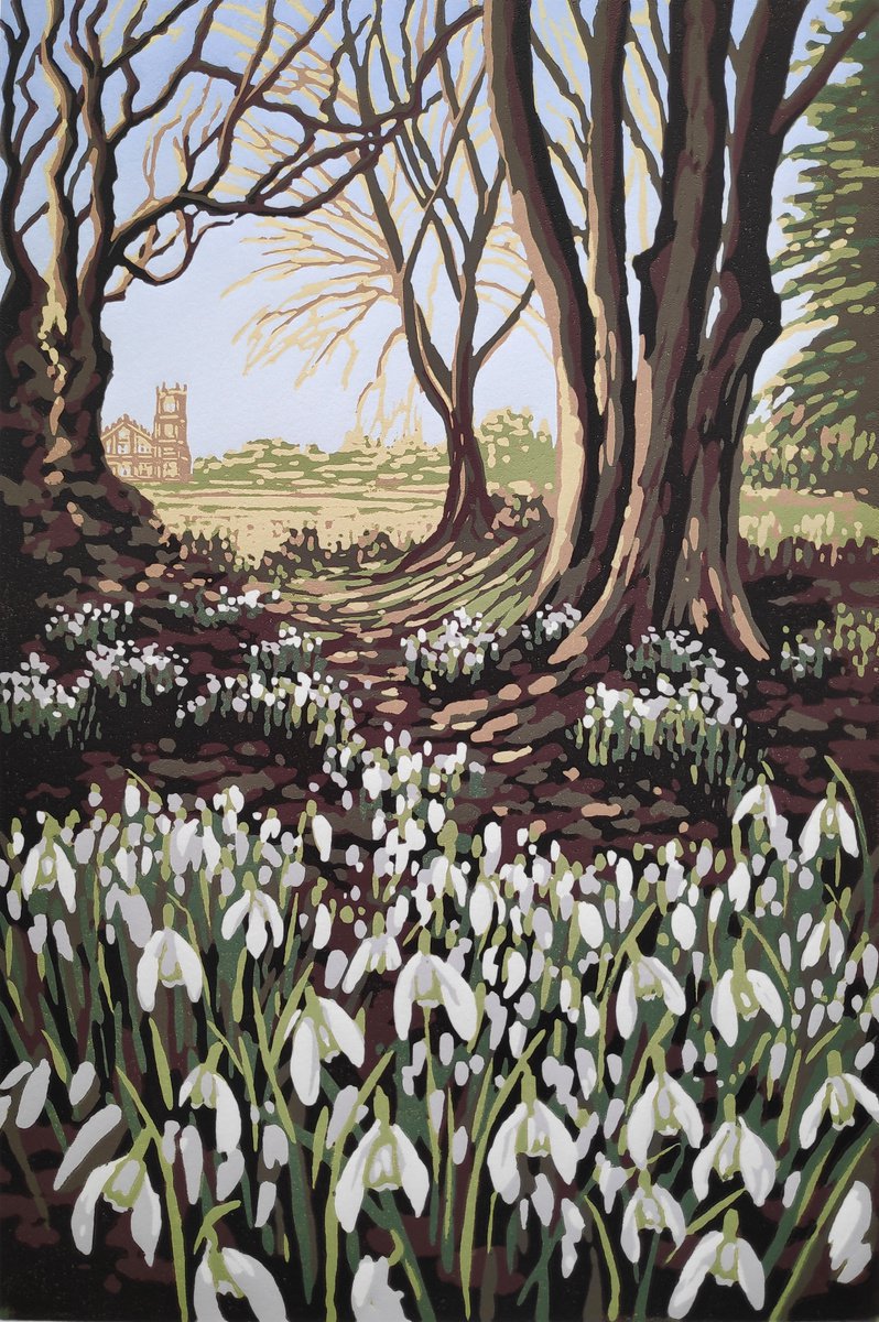 Impressionistic Botanical Linocut By Alexandra Buckle, 10 X 14, Snowdrop View, Original Artwork