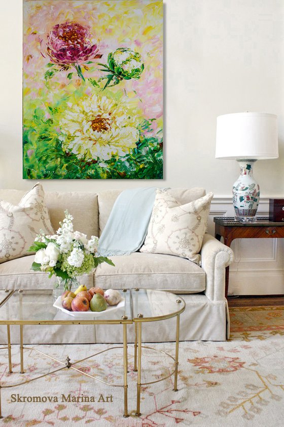 MOMENTS OF SUMMER - Beautiful abstraction. Pink peonies. Summer picture. Large flowers. Strokes. Style. Romance.