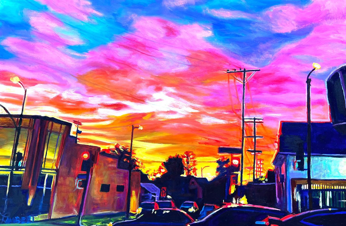 Expressive Cityscapes Oil Painting By Bonnie Lambert, 30 X 20, In The Flow, Original Artwork