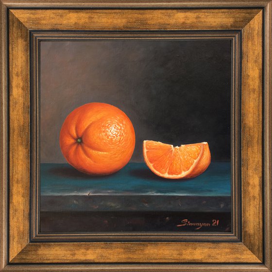 Still life - orange (25x25cm, oil on canvas, framed)