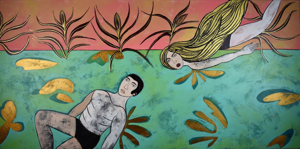 Surrealistic Portrait Acrylic Painting By Diana Rosa, 48 X 24, Swimming, Original Artwork