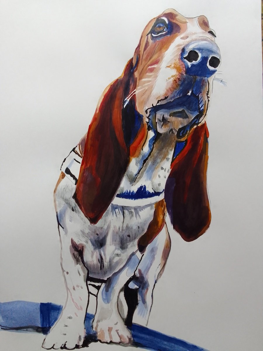 Photorealistic Animal Acrylic Painting By Soso Kumsiashvili, 24 X 33", Basset Hound, Original Artwork