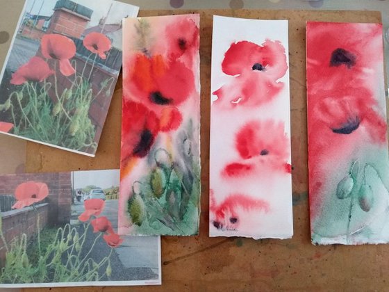 Poppies, Minimalistic Floral painting, Original watercolour painting, Poppies, Red and Green