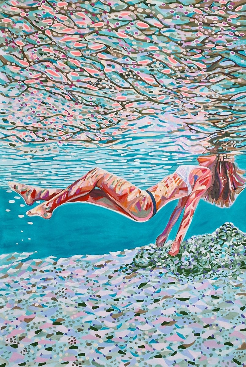 Impressionistic Portrait Acrylic Painting By Alexandra Djokic, 44 X 63, Underwater Turquoise Xxl, Original Artwork