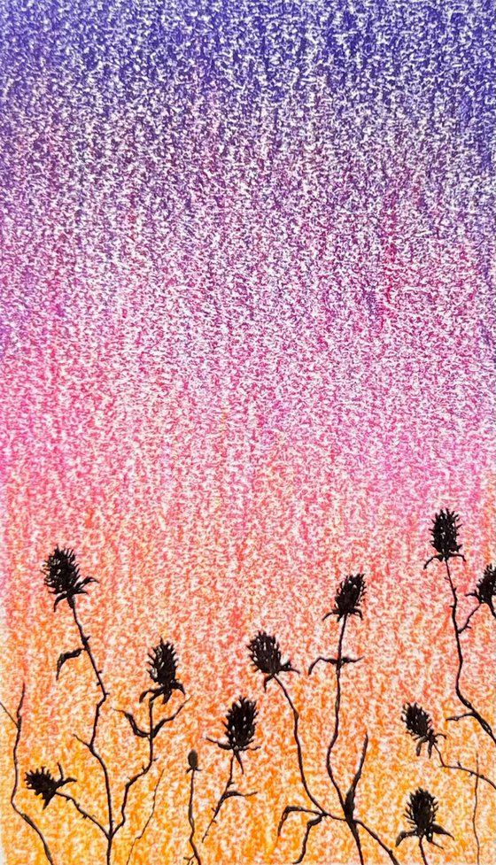 Two miniatures depicting dried flowers against a sunset background. Miniature of flowers, silhouettes of flowers at sunset. Original artworks.