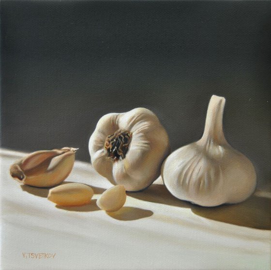 Custom painting-KATHLEEN , Still life with garlic , Original oil on canvas