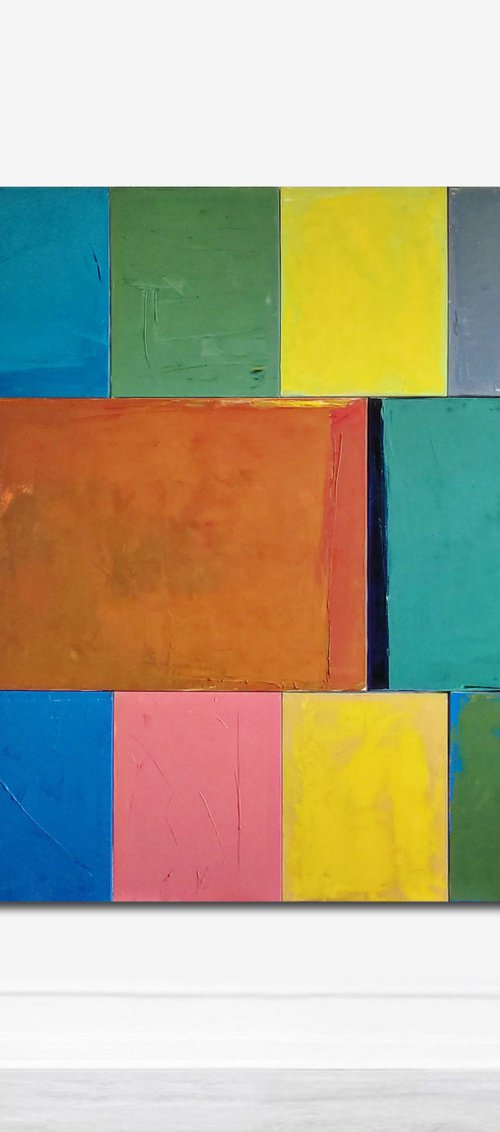 Oil painting, poliptych-13 parts, canvas art, stretched, "Play with me XXVI". Size 78.7/ 67 inches (200/170cm) by Kariko ono