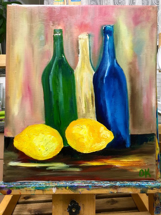 Bottles and lemons. Still life. Palette knife painting on linen canvas