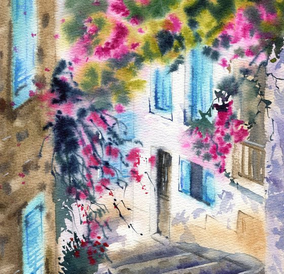 Walk along the Turkish street with blooming bougainvillea. Original artwork.