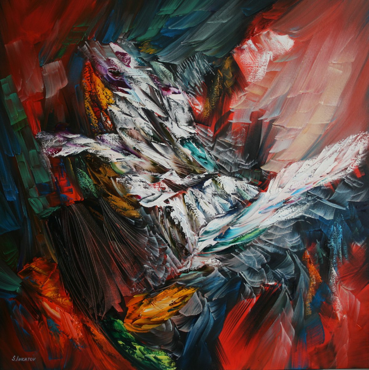 Abstract Oil Painting By Sergei Inkatov, 35 X 35", Red Mystery, Original Artwork