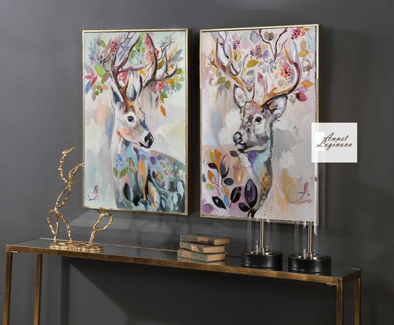 Deer wall set, Wall decor set of 2 art