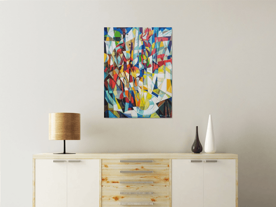 Still life with lemons and violin-2 (60x80cm, cubism, oil painting, ready to hang)