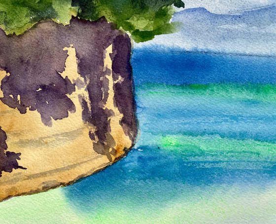 Beach Wall Art, Ocean Painting, Sea Original Watercolor Painting, Greece Landscape Art