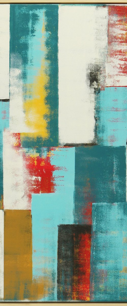 Vertical Abstract Painting - Untitled in Blue - 95x115cm Incl Frame - Ronald Hunter - 20J by Ronald Hunter