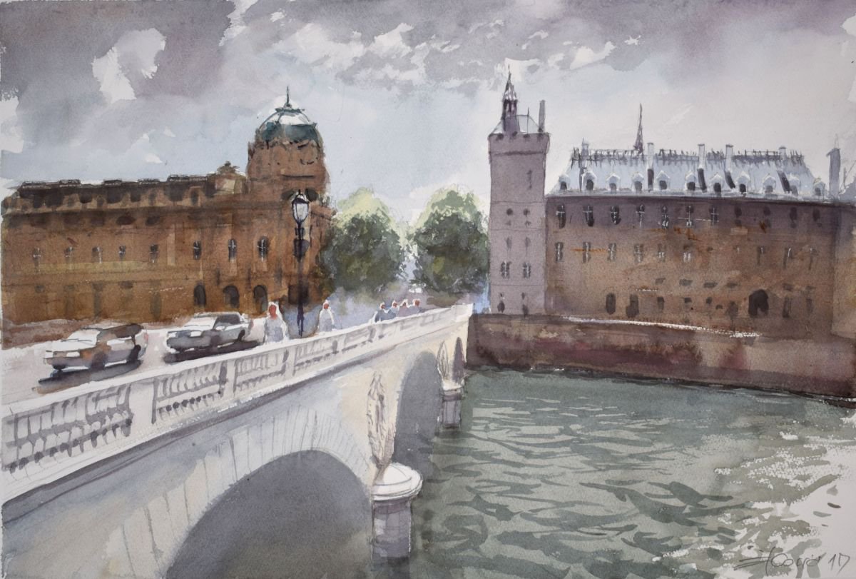 Cityscapes Watercolour By Goran Zigolic Watercolors, 22 X 15, Paris...crossing The Seine, Original Artwork