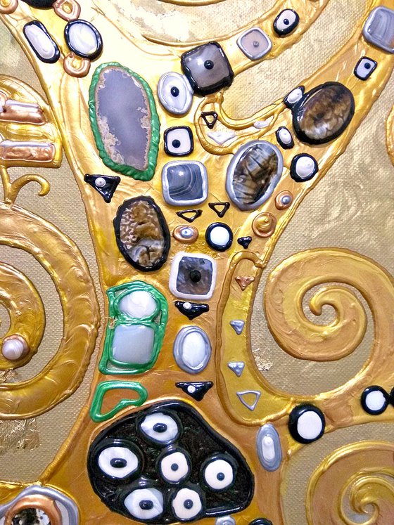 Tree of life Gustav Klimt. Precious stones golden relief painting
