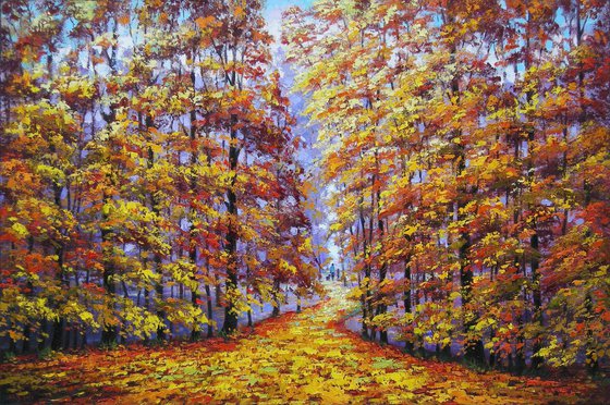 STROLL IN THE AUTUMN FOREST - 90x60 cm. (Impressionistic palette knife oil painting nature landscape fall autumn forest woods path)