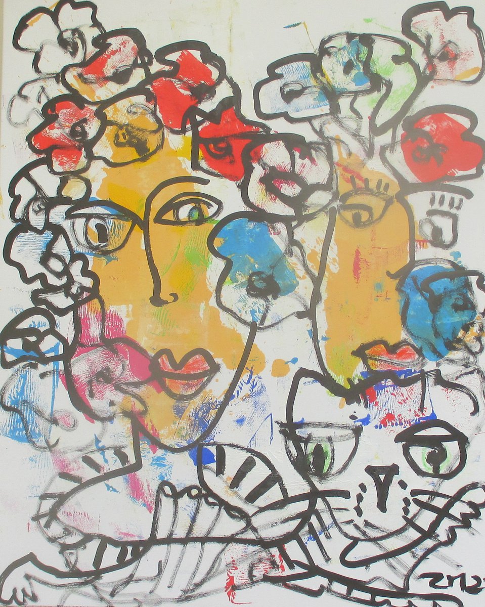 expressive flowergirls with cat, girl portrait 39,3 x 31,4 inch by Sonja Zeltner-Muller