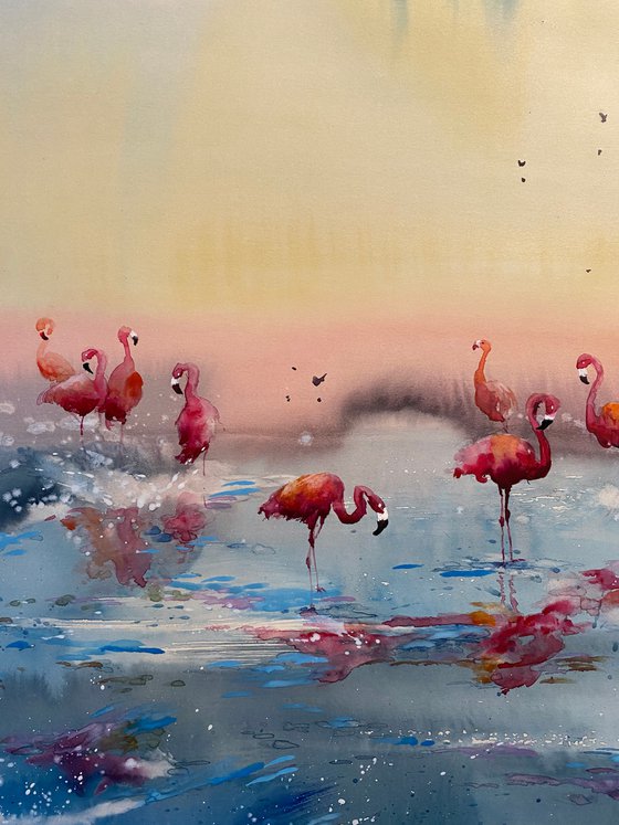 SOLD Watercolor “Flamingos Heaven” perfect gift