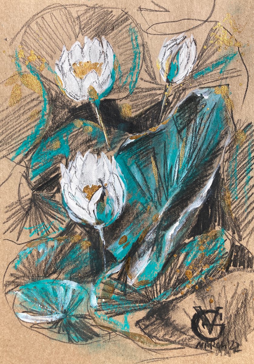 Impressionistic Botanical Drawing By Valeria Golovenkina, 8 X 12", Water Lilies In Teal 4, Original Artwork
