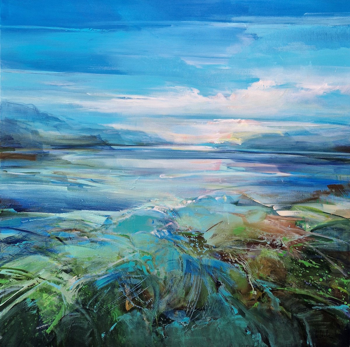 Abstract Landscape Acrylic Painting By Irina Laube, 39 X 39, Turquoise Coast, Original Artwork