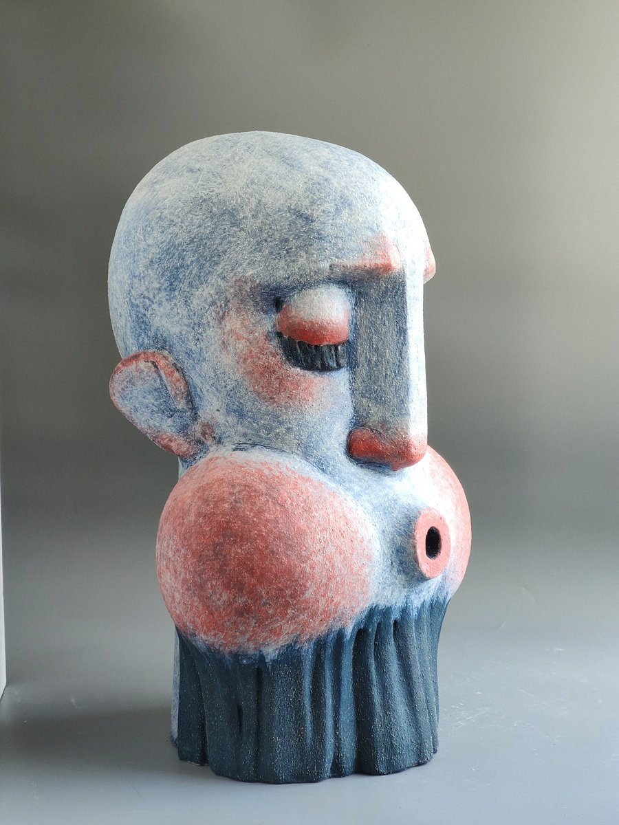 Expressive Portrait Clay Sculpture By Nadiia Otriazha Fedir Bushmanov, 14 X 24", The One Who Blows, Original Artwork