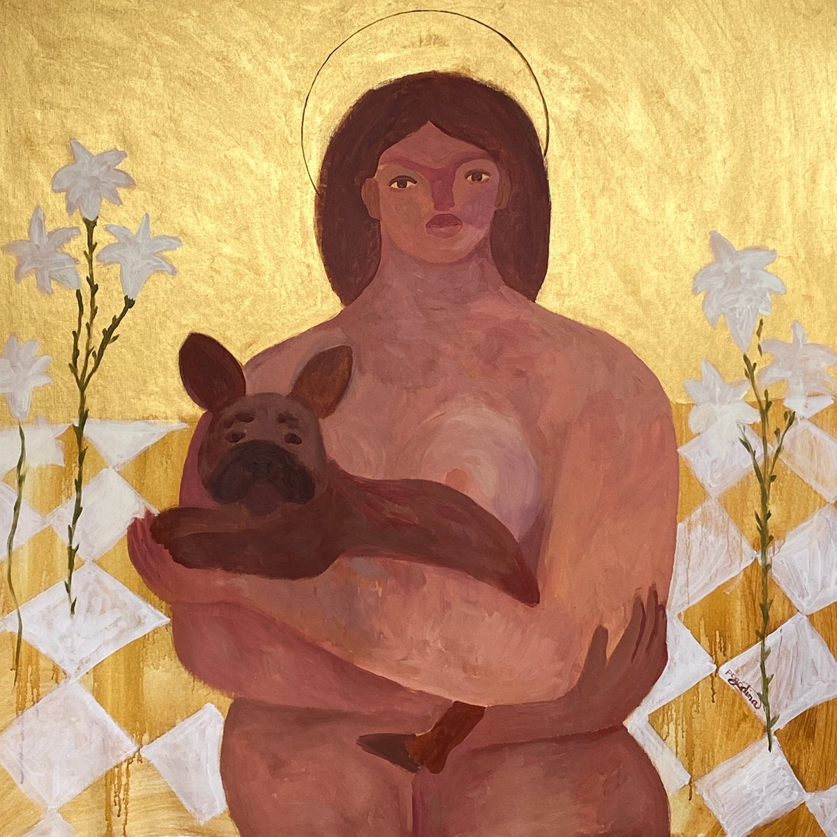 Impressionistic Portrait Acrylic Painting By Dasha Pogodina, 37 X 37, Madonna With Frenchie, Original Artwork