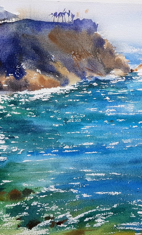 Watercolor seascape. Pacific Ocean. Surf in Acapulco. Mexico by Mariana Briukhanova