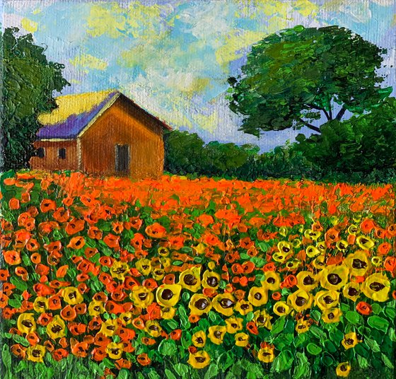 House in flower field ! Miniature Painting!!  Ready to hang
